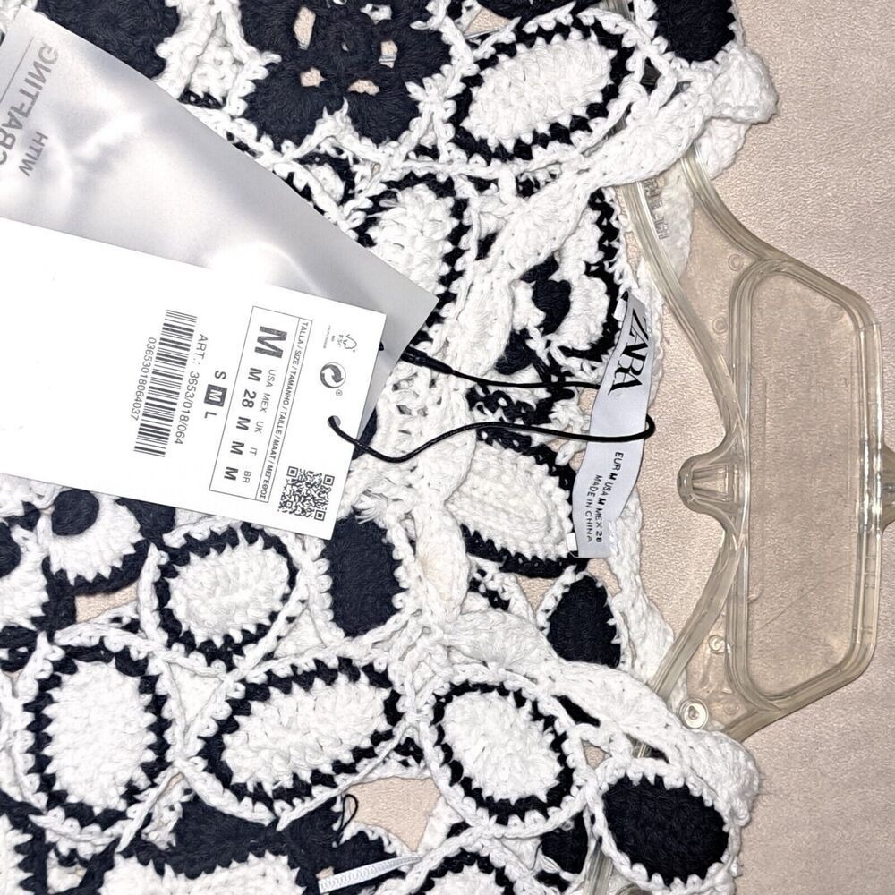 ZARA Black White Floral Crochet Crop Top Tassels Boho Festival Size M - Picture 5 of 8